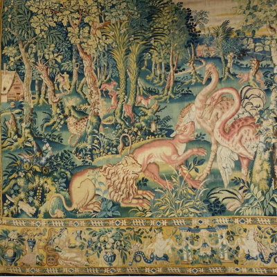 Tapisserie Audenarde Flandres XVI Chasse Lion et Autruches Vendue 