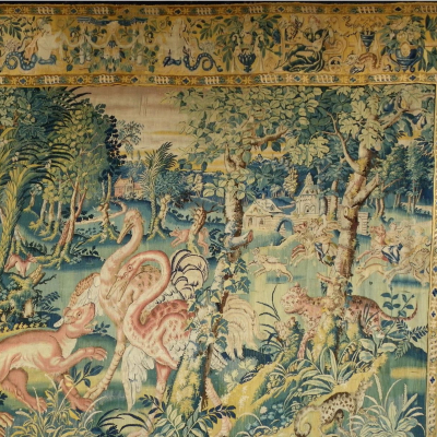 Tapisserie Audenarde Flandres XVI Chasse Lion et Autruches Vendue 